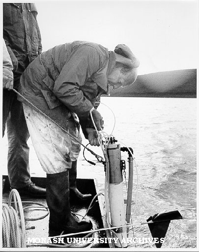 Dr Pat De Deckker with Mackereth sampler on West Basin, near Colac