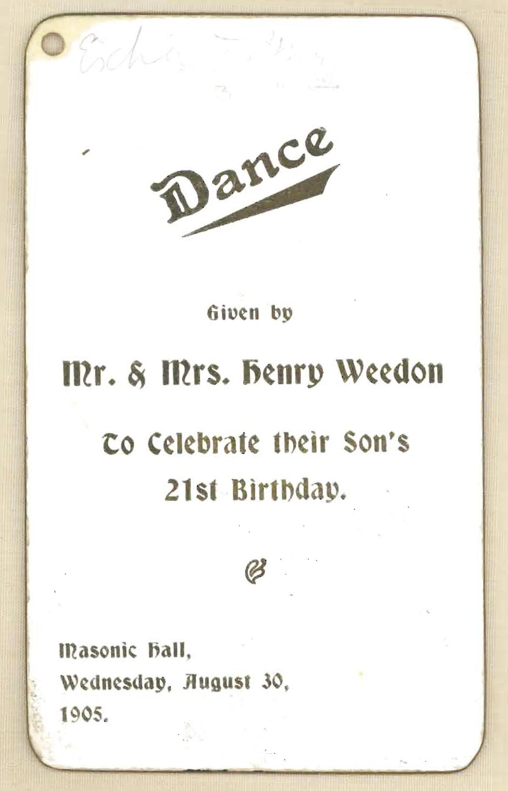 Dance given by Mr &amp; Mrs. Henry Weedon to celebrate their son's 21st birthday, 30th August 1905