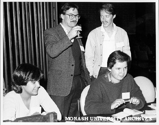 Donna D'costa (front left) and Lesley Rogers taking names at first meeting of Geography alumni. Ian Clark (back left) and Ken Bolch looking on