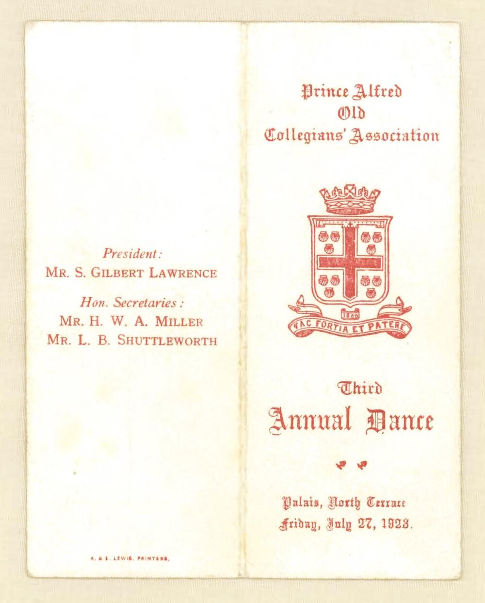 Prince Alfred Old Collegians' Association third annual dance, 27th July 1923