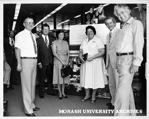 Opening of exhibition 'Oakleigh: Portrait of a New Society'. from left: Cr Mike Schuett, former Monash photographer Herve Alleaume and wife Alix, Cr Olga Jackson, Vice-Chancellor Professor Martin, and Mr Race Mathews, MLA