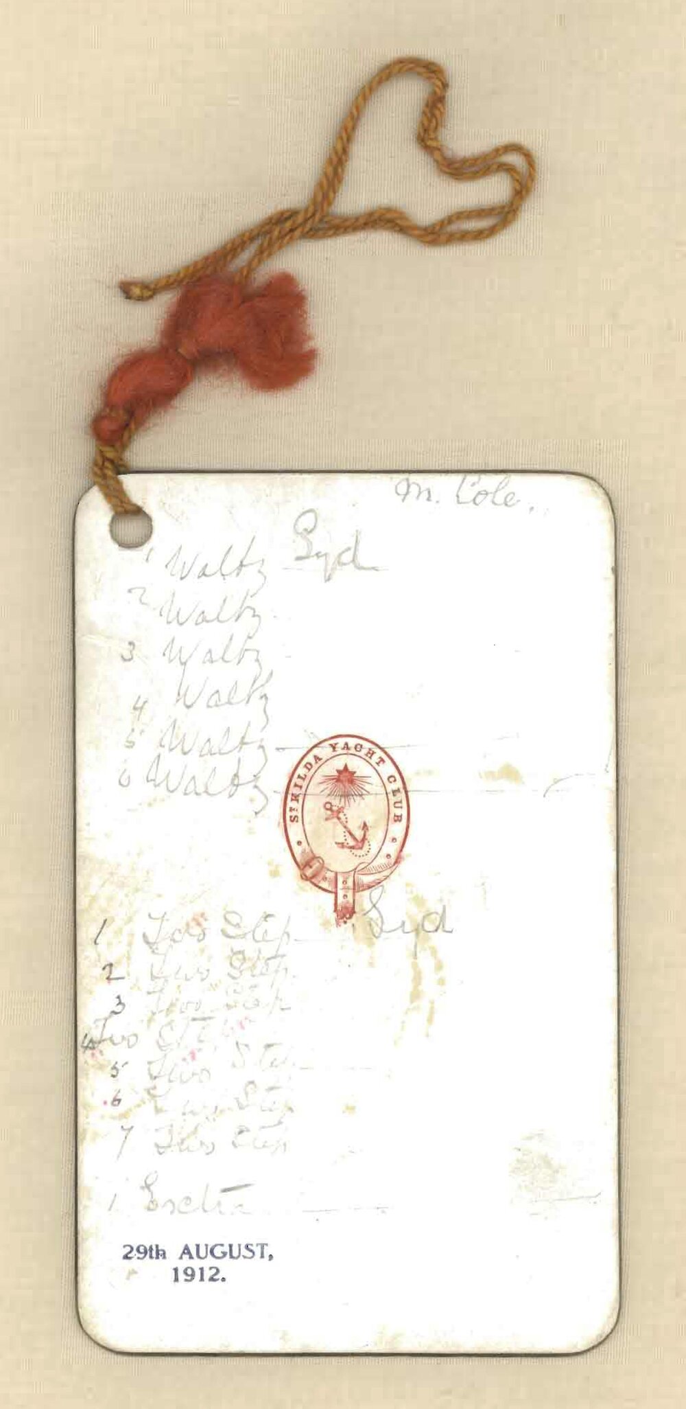 Dance card, 29th August 1912