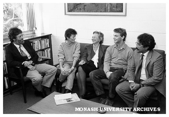 Joint winners of Australian-Asian Association Indonesian language prize Jill Turnbull (second left) and Phillip Johns (second right), with Professor John Hay, association chairman Mrs Elizabeth Simmons, and Mr Basoeki Koesasi