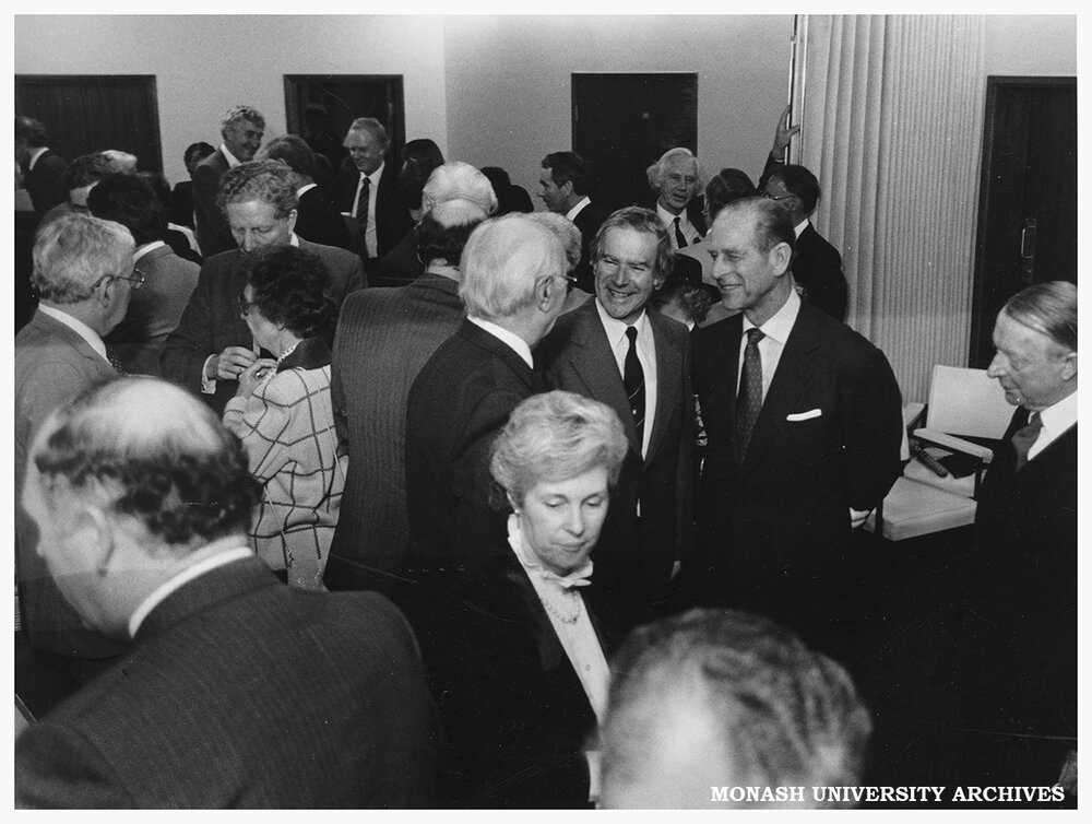 HRH Prince Philip, Duke of Edinburgh, speaking with Sir Louis Matheson, Vice-Chancellor Professor Ray Martin; Chancellor Sir George Lush at right