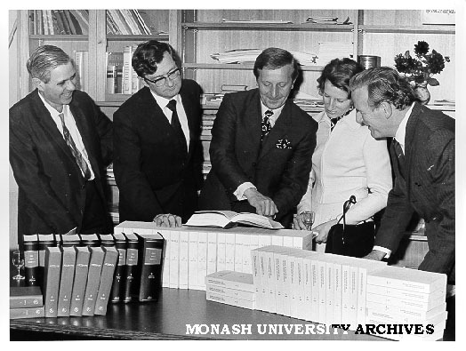 Acting Consul General for Germany, Dr Georg F. Sperl presenting set of journal reprints, with from left: Professor Leslie Bodi, Mr T. B. Southwell, Dr and Mrs Sperl, and Dean of Arts, Professor Guy Manton