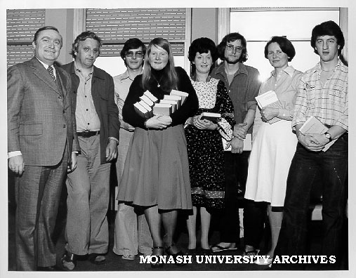 Goethe Prize winner Karin Goers (centre) with from left: Consul General for Germany, Dr F. J. Kroneck, visiting Swiss writer, Mr Peter Bichsel, best second year student Nicholas Carter and other prize winners