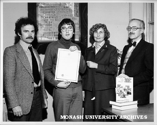 Medical student and winner of Goethe Prize, Guy Hibbins, with Dr P. Hubrich from Goethe Institute; Dr E. Muller, acting Consul General for Germany; and Associate Professor W. Veit of German department