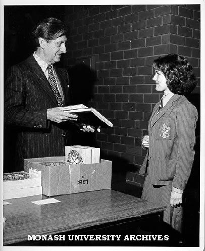 Catholic Ladies College student Lilian Bariola receiving Goethe Poetry Prize from Mr W. Zellweger, consul of Switzerland