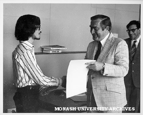 Michael Dargaville receiving Goethe Prize from Consul General of Germany Dr F. Kroneck