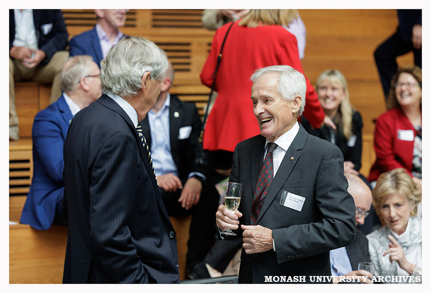Emeritus Professor Richard Larkins (left) and Emeritus Professor Peter Darvall at the naming of the Alan Finkel Building for Technology and Design