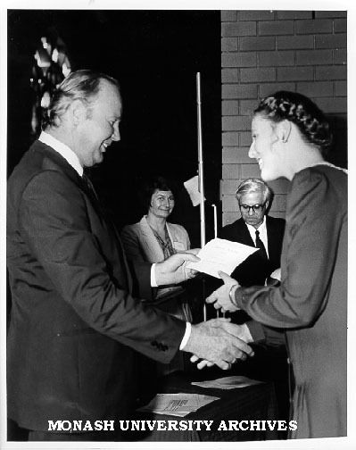 Penleigh and Essendon Grammar student, Janet Watson, receiving Goethe Poetry Prize from Dr Karl-Heinz Scholtyssek, in background German department's Mrs Gisela Tiemann-Kaplan and Professor Leslie Bodi