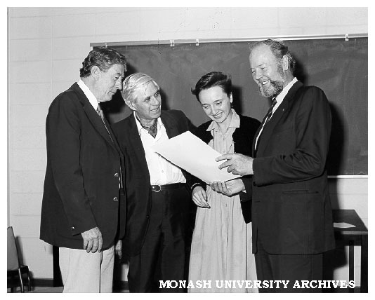 Goethe Prize winner Vicki Perring, with from left: Professor David Bradley, department of English; Professor Leslie Bodi; and Consul General of Germany Dr Karl-Heinz Scholtyssek