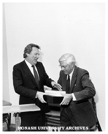 Vice-Chancellor Professor Mal Logan presenting Professor Leslie Bodi with Festschrift written in his honour