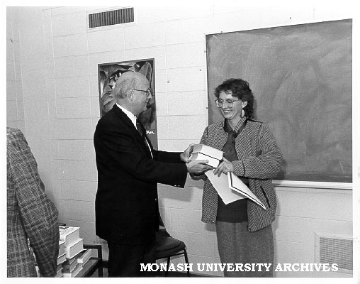 Judy Lachele receiving Goethe Prize from German Vice-Consul, Mr Hans Mullers