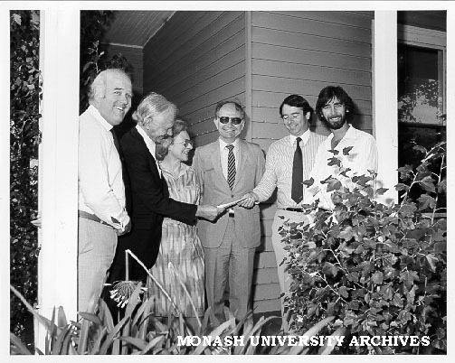 Attorney-General Jim Kennan at Springvale Legal Service, from left: Peter McCall, Mayor of Springvale; Professor Kevin Westfold; Mrs Sue Campbell; Professor Bob Baxt; Mr Jim Kennan; and coordinator Mr Simon Smith