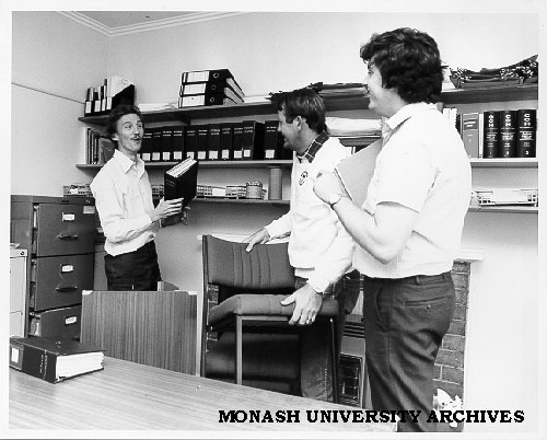 David Shorrock (right) coordinator of Monash-Oakleigh Legal Service with students Robert Maillardt (left) and Doug Pearse