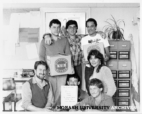 Springvale Legal Service complainants with compensation from CUB, clockwise from bottom left: George Georgiou, Bruce Webb, Stuart Baron, Jeff Giddings, Denise Woolerton, Michael Cosgrave (tutor) and Greg Crundall