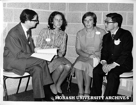 Guests at opening of Japanese teaching seminar, from left: Professor J. V. Neustupny, Ms Jo-Anne Green, Mrs Dianne Adkins, and Mr W. Miyakawa, Consul General for Japan