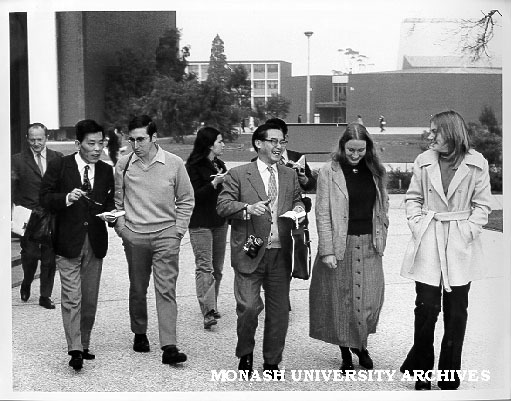 Visiting Japanese journalists being escorted around campus by students, students from left: Keith Shiell, Janis Hobbs, Ellen Parbo and Amanda Crothers