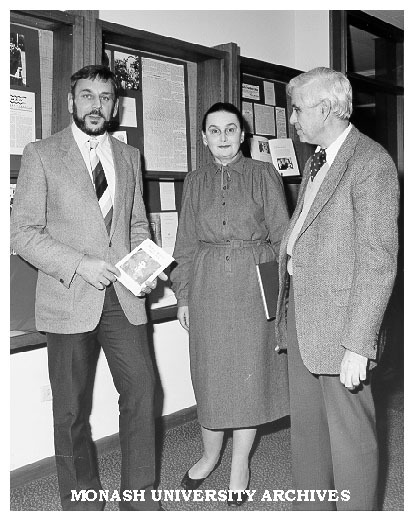 Dr Pavel Petr (left), Mrs Susan Radvansky, and Professor Leslie Bodi, at opening of Franz Kafka Centennial Exhibition