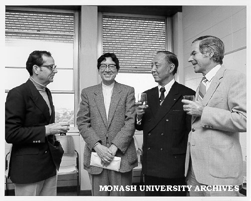Professor Rokuro Hidaka (second left) with Professor Jiri Neustupny, Japanese Consul General Mr Kazuo Koneku, and Vice-Chancellor Professor Ray Martin