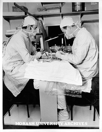 Mr David Scott and Mr Ken Myers, performing bench surgery, Prince Henry's Hospital