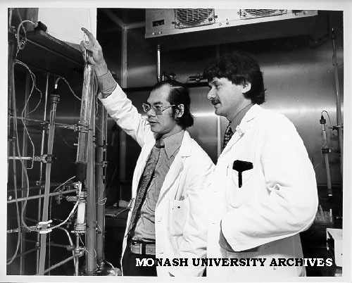 Clinical Associate Professor M. B. van der Weyden (right) and Dr T. E. Gan, purifying foetal thymidine kinase