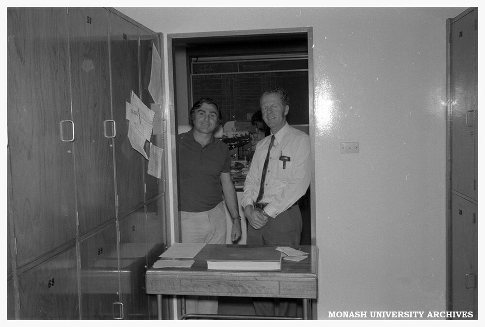Robert Burford, lecturer in chemistry, (left) and colleague, Caulfield Institute of Technology