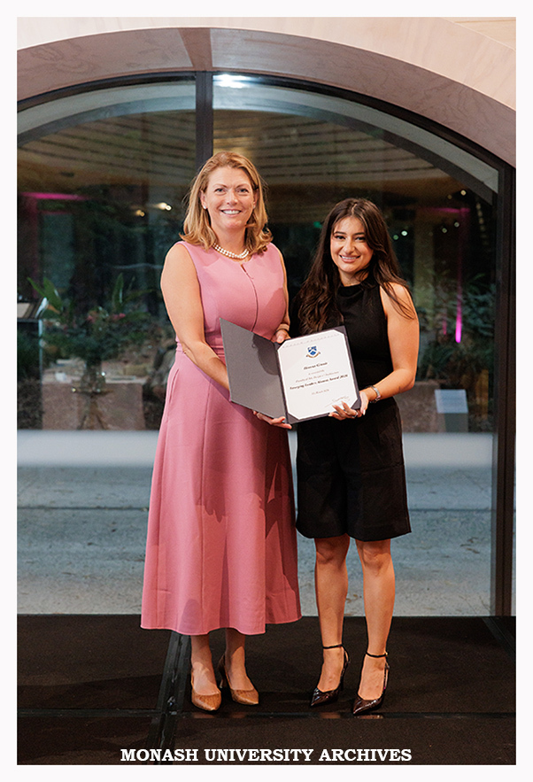 Vice-Chancellor Professor Sharon Pickering with Ilianna Ginnis, winner of the Faculty of Art, Design and Architecture Emerging Leader Alumni Award 2026