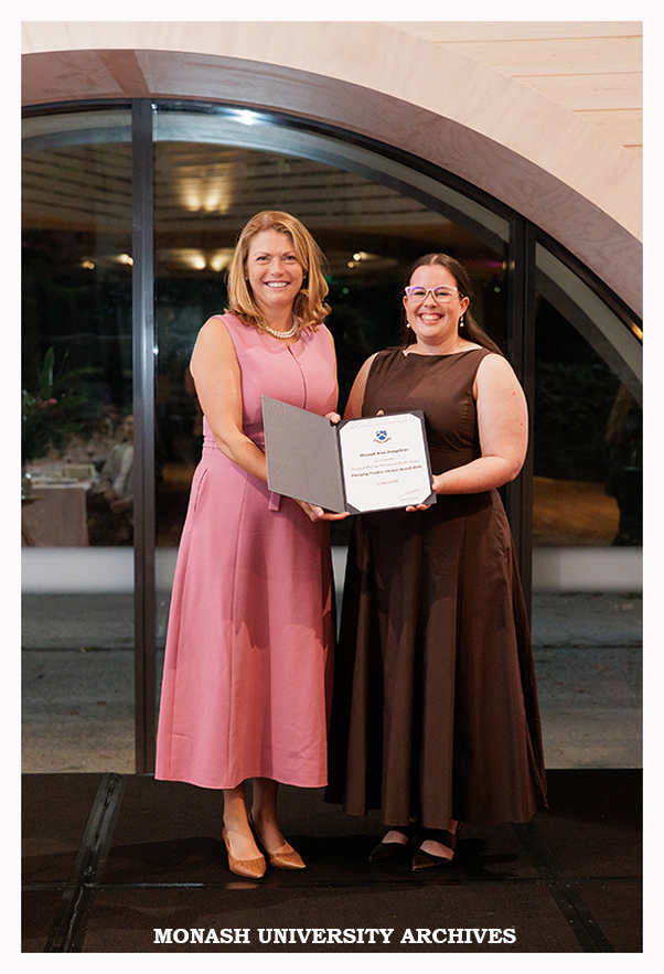 Vice-Chancellor Professor Sharon Pickering with Hannah Humphries, winner of the Faculty of Medicine, Nursing and Health Sciences Emerging Leader Alumni Award 2026