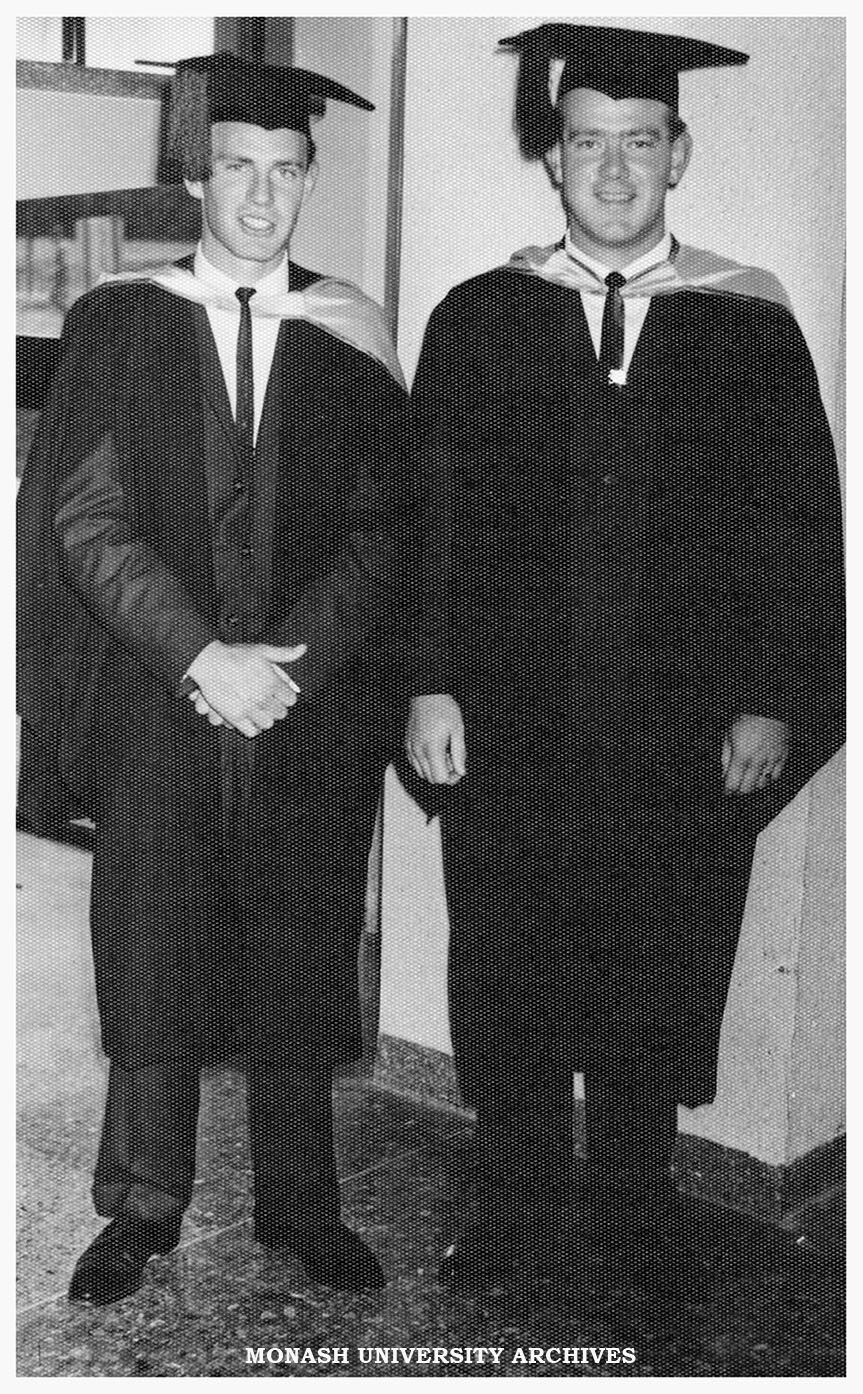 Ian Dudgeon (left) and Bill Edgar, after conferral of their Bachelor of Economics degrees at the first graduation ceremony, April 8, 1964
