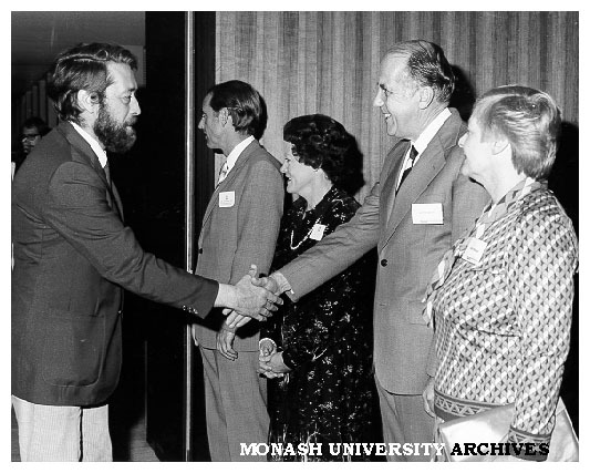 Professor Ian Polmear (right) and Mrs Polmear, greeting Mike Duesbury of National Research Council of Canada at reception for delegates to ICSMA conference