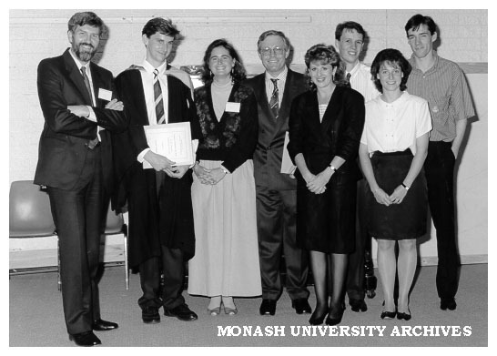 Materials Engineering department prize winners, from left: chairman Professor P. L. Rossiter , Oliver Schmidt, Dr Anita Hill, Noel Clothier, Samantha Read, Scott Story, Elizabeth Warren, and Richard Walters