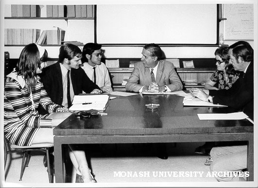 Alfred Hospital staff student group planning Teach-In on the Future of Health Care, from left: Heather Torrens, Finlay Macrae, Siew Meng Ling, Professor B. Hetzel, Margaret Kinnaird and Dr R. F. Harbison