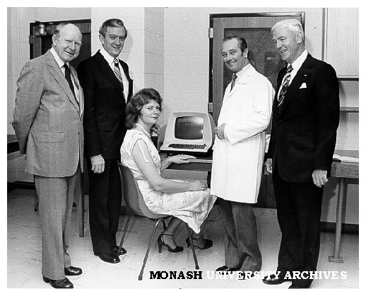 Mary Lucas, technician in Pathology and Immunology, with her prize microcomputer, with her from left: Mr Ron Stewart (AWA), Education Minister Wal Fife, Professor Richy Nairn and Mr John Harbersberger