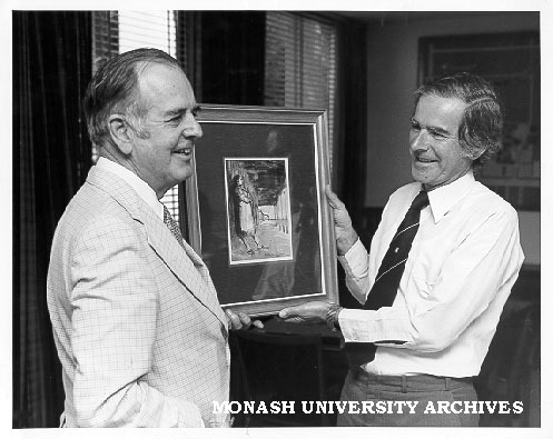 Emeritus Professor Rod Andrew presenting Russell Drysdale painting 'Study for Maria' to Vice-Chancellor Professor Ray Martin