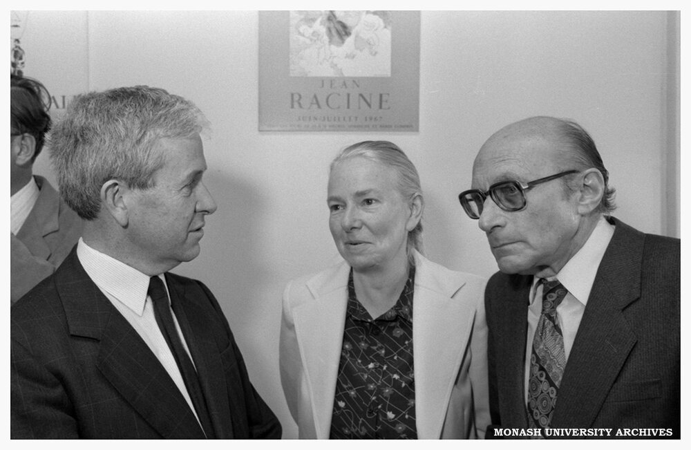 Associate Professor Wallace Kirsop, Mrs Joan Kirsop and Dr Nicolas Morcovescu at an event to mark 20 years of publishing the 'Australian Journal of French Studies'