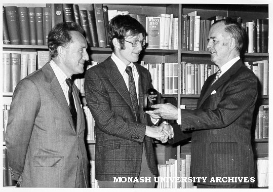 Professor Karol Morsztyn, with son Ron receiving his A. H. Robins Award from Professor Rod Andrew