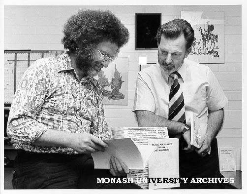 Drs Leo West (left) and Terry Hore discussing recently published study of mature age students