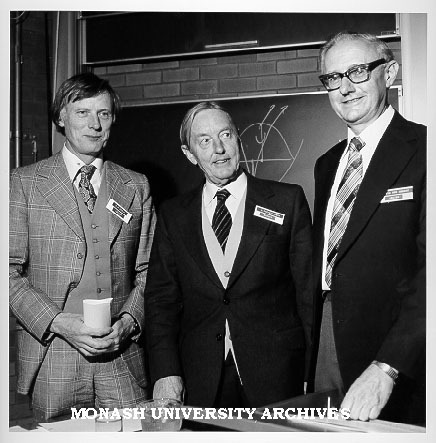 President of Astronomical Society of Australia, Professor W. Christiansen (centre), with Professors Ron Brown (left) and R. van der Borght at annual general meeting