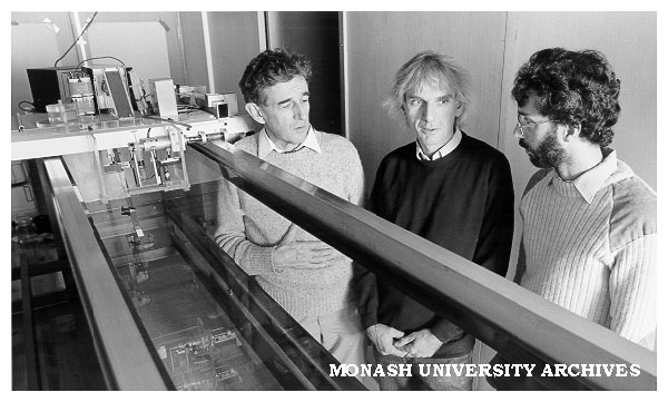 Professor Bruce Morton (left), Dr Roger Smith and Dr David Karoly examining laboratory flow tank