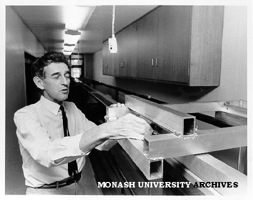 Professor Bruce Morton with flow tank being built in Geophysical Fluid Dynamics Laboratory