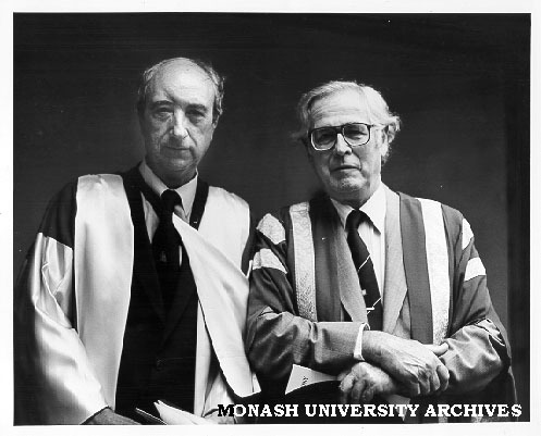 Professor C. H. B. Priestley (left), with Chancellor Sir Richard Eggleston, after award of honorary Doctorate of Science