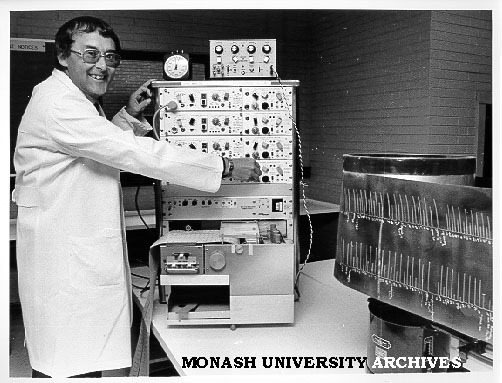 Pharmacology laboratory manager, Ian MacFarlane, demonstrating polygraph recorder
