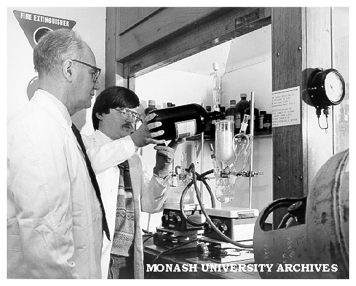 Drs Fred Copp (right) of Pharmacology, and John Cullen of Chemistry, working on joint project