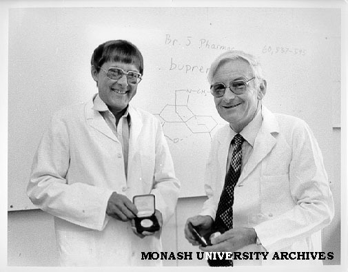 Professor Alan Boura (right) and laboratory manager Ian MacFarlane with Queen's Awards for Technological Achievement