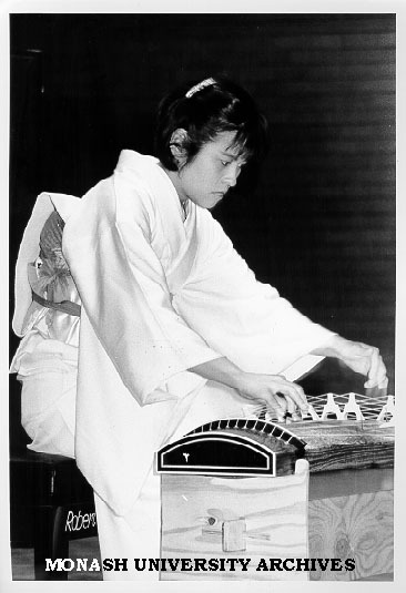 Japanese musical expert Ms Satsuki Odamura playing kotu at performance in Robert Blackwood Hall