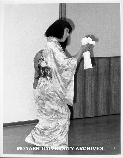 Mrs Yurito Saito performing kabuki style dance at a lunch-time concert in the Music Auditorium