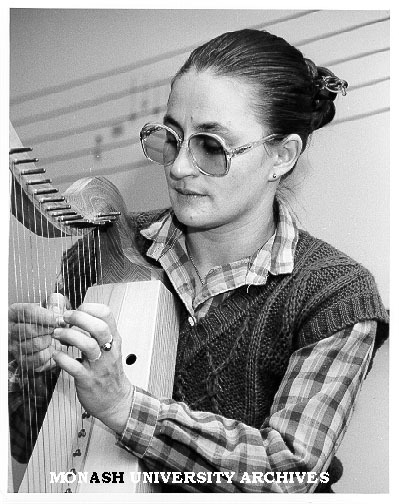 Carol Williams playing Medieval minstrel harp