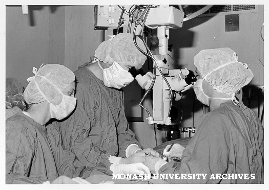 Dr Peter Temple-Smith (centre) with microsurgeon Mr Graeme Southwick (right) and attending nurse Sister Ronnie Hobday
